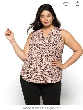 41 Hawthorne | Pleat Detail Sleeveless Blouse | Pale Pink Leopard | 1X
